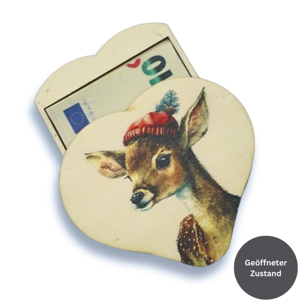 Geldgeschenk Holz - Herz mit Reh Weihnachten bedruckt